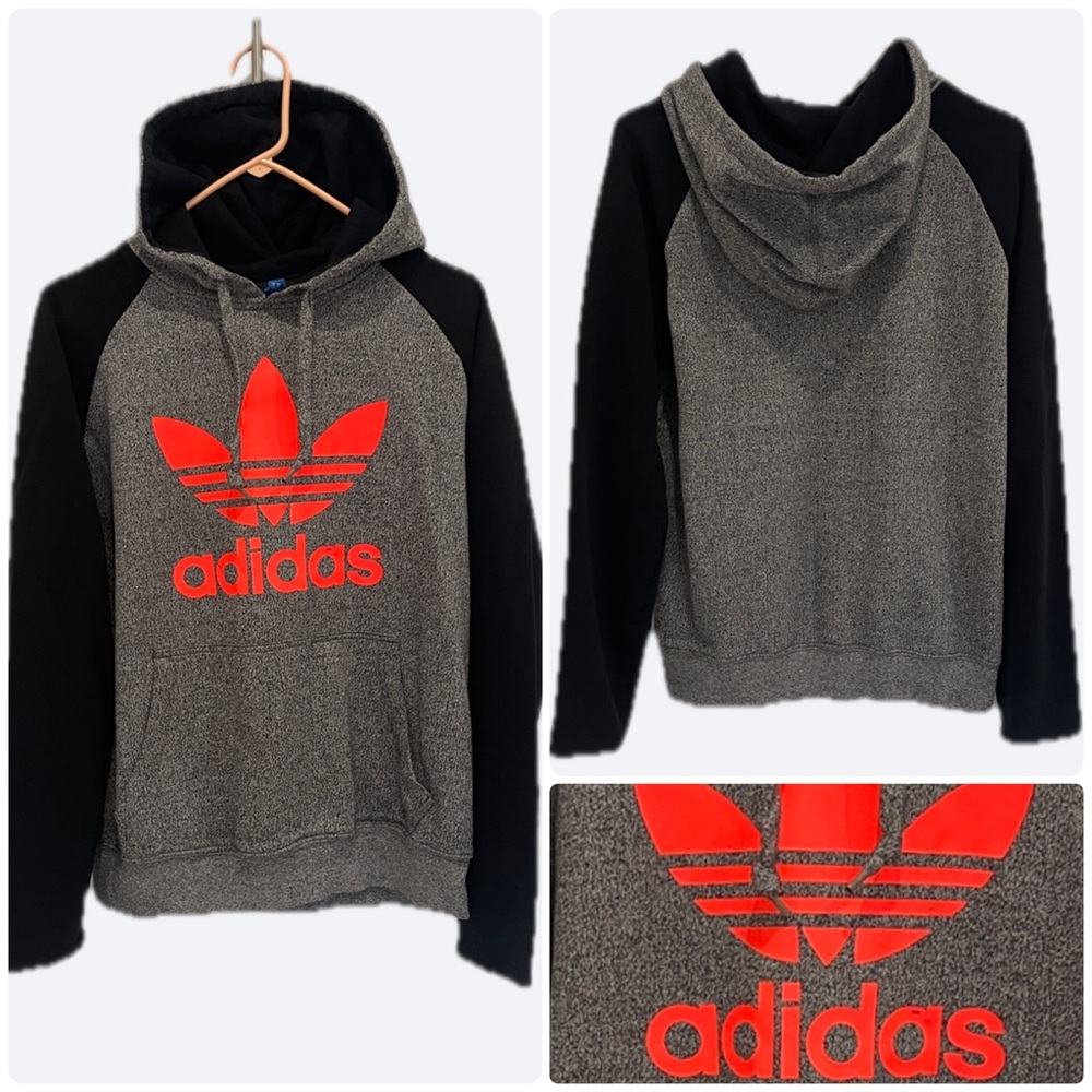 Adidas Originals Gray Raglan Hoodie Red Trefoil Black Sleeve Raw Edge Medium - Picture 7 of 11
